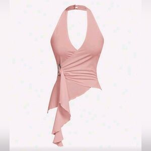 MOD Women's Casual Halter Tie Metal Buckle Fitted Asymmetric Hem Tank Top